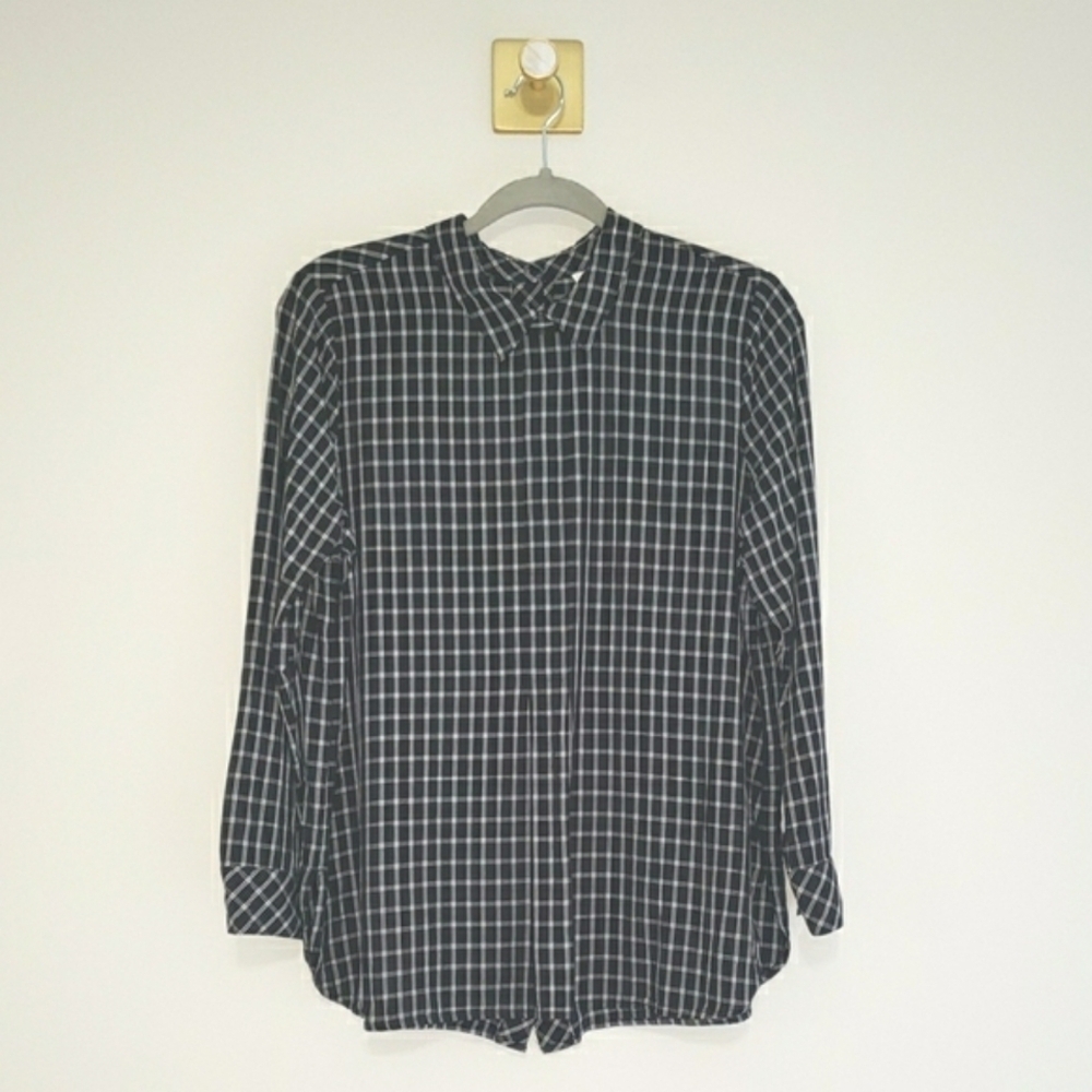 J. Jill Petite Long Sleeve Plaid Blouse Top Medium Petite MP Black White Classic